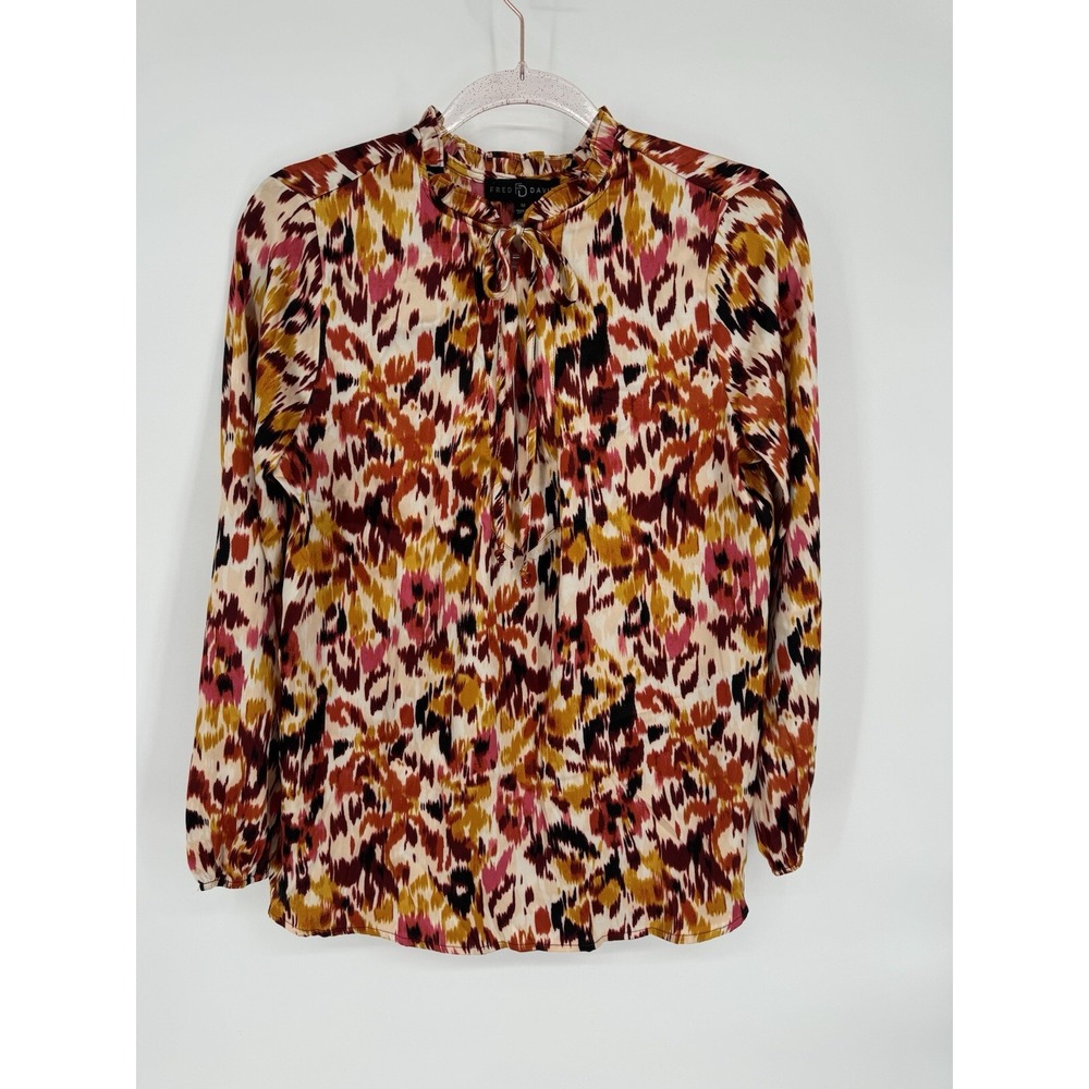 Fred David Long Sleeve Maroon Orange‎ Blouse Womens Sz Medium M Satin Ruffles